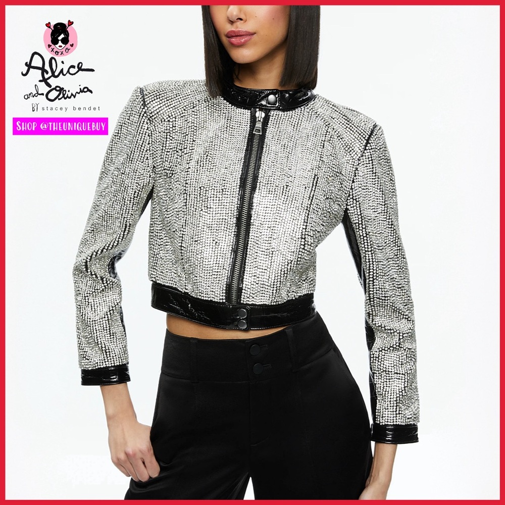 Alice + Olivia Lari Crystal Embellished Black Silver Lamb Leather Moto Jacket